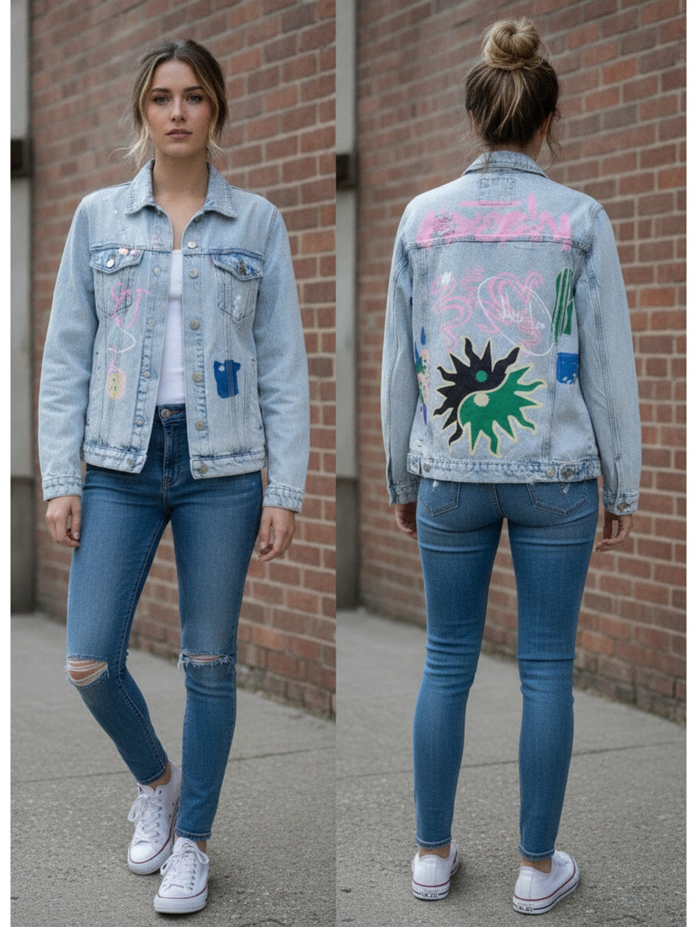 1580 - Zara Denim Jacket with Grafitti Artistic Paint Details & Distress - Small